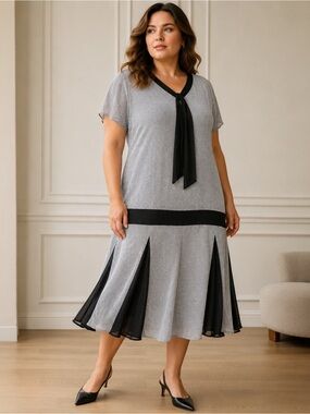Marycrafts 1920s Drop Waist Godet Dress Gray Black Art Deco Flapper XL
